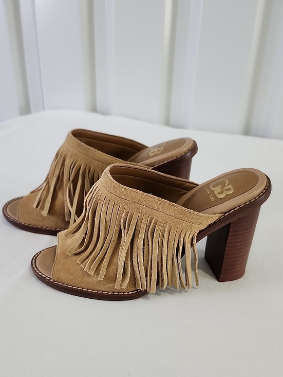Gianni Bini Shoes - Gianni Bini Womens Road Tripz Tan Fringe Suede Block Heel Mules Size 5.5